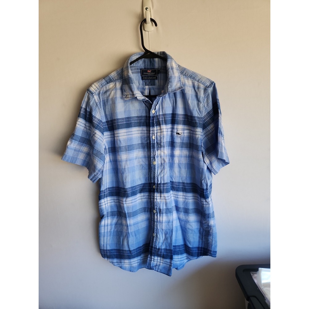 Vineyard Vines Mens Shirt Large Tucker Whale Plaid Short Sleeve blue